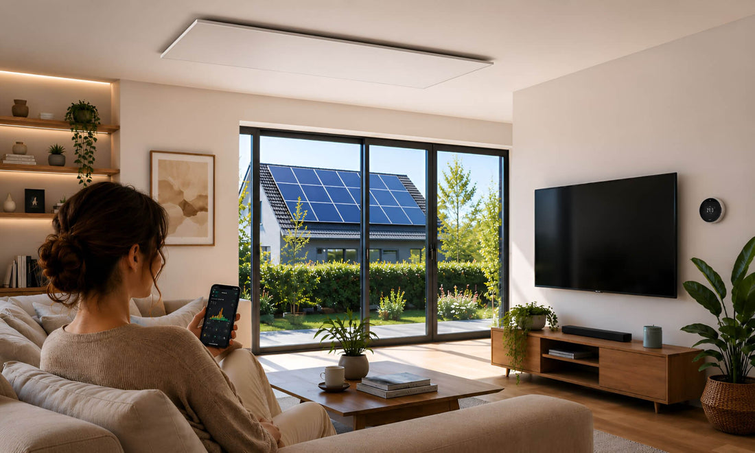 Moderne woonkamer met wit infraroodpaneel aan het plafond, zonnepanelen, slimme thermostaat en smartphone voor energiebeheer.