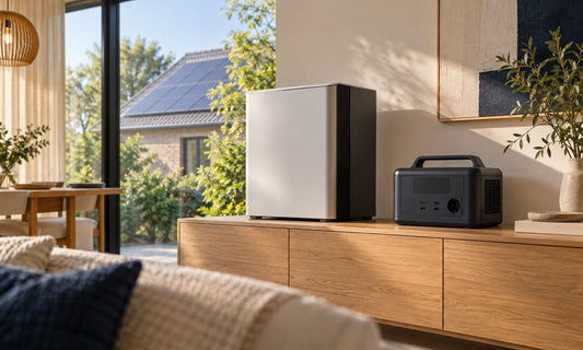 Thuisbatterij en draagbaar power station in een woning met zonnepanelen