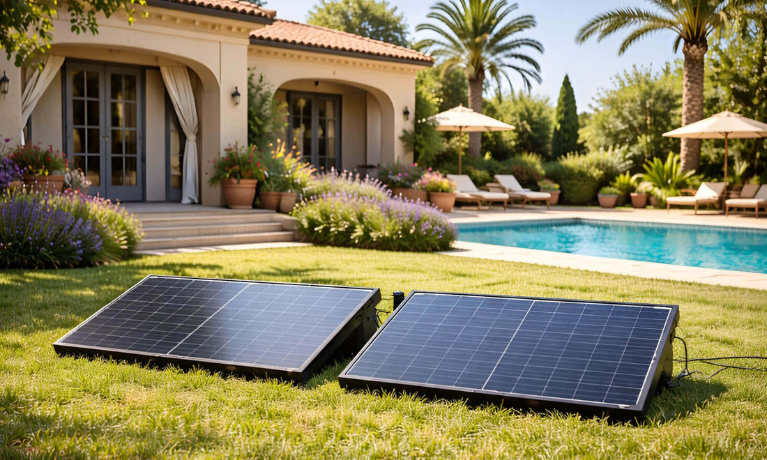 twee zonnepanelen op gras in een tuin bij een woning met zwembad