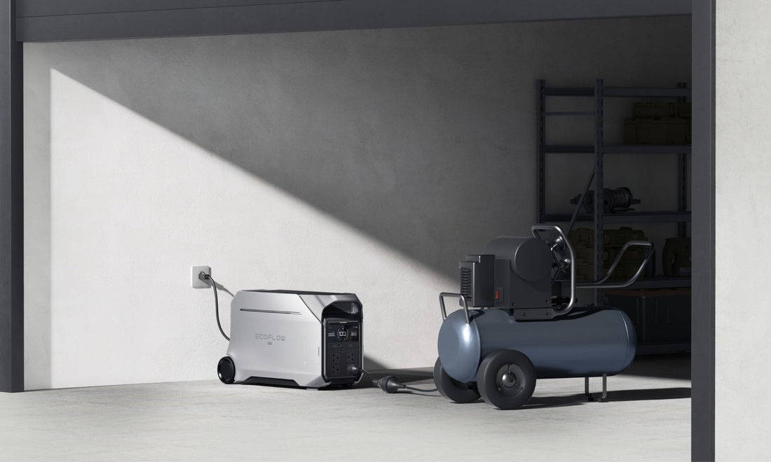 power station aangesloten op compressor in garage via stopcontact