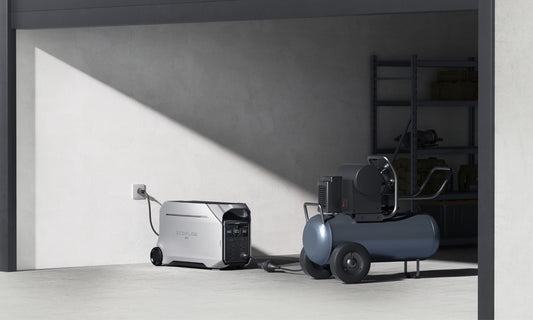 power station aangesloten op compressor in garage via stopcontact