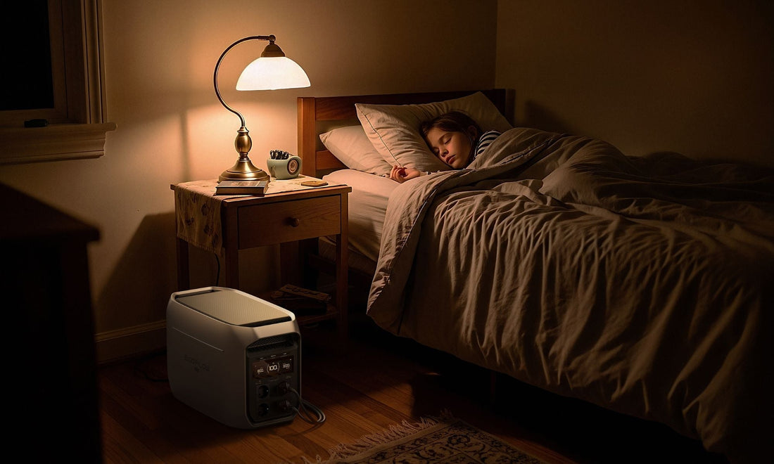 draagbare power station naast bed in slaapkamer met slapend persoon en nachtlamp