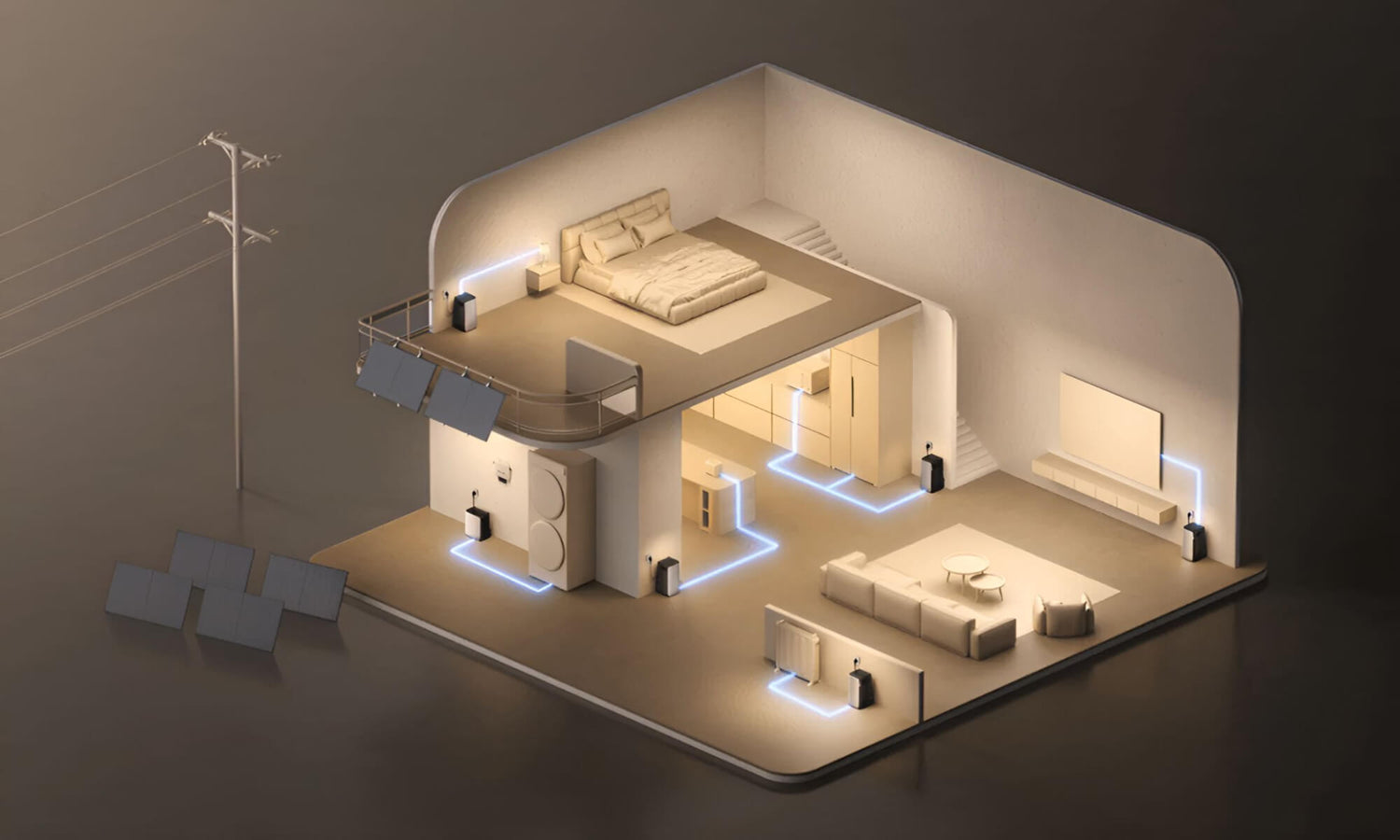 3D-visual van energiebeheer in woning met EcoFlow STREAM Pro hybride thuisbatterij, zonnepanelen en aangesloten apparaten in huiselijke omgeving