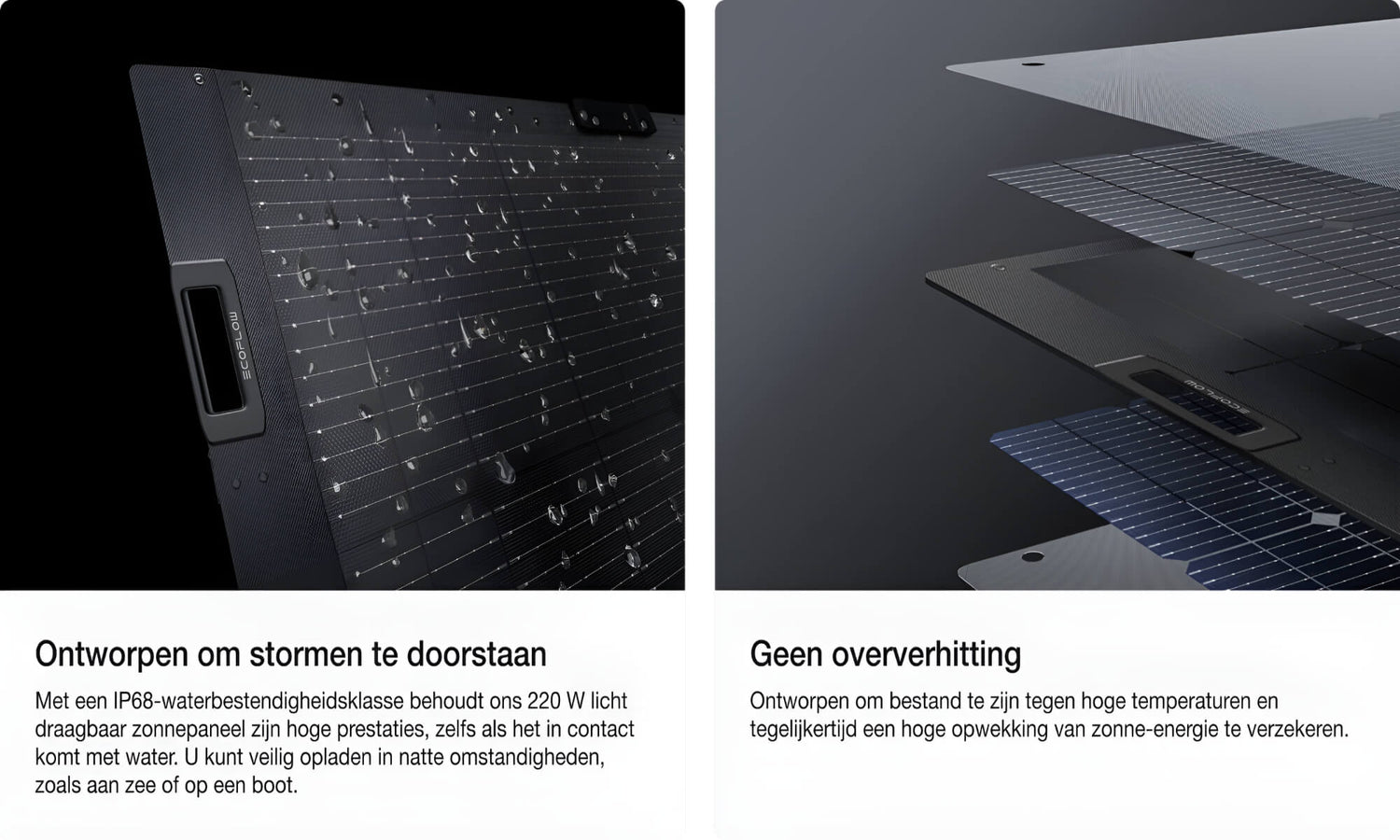 Zwart draagbaar zonnepaneel met waterdruppels en zichtbare interne laagstructuur