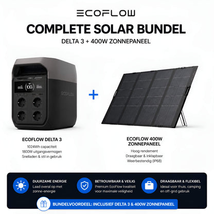 EcoFlow DELTA 3 power station naast een opvouwbaar EcoFlow 400W zonnepaneel op witte achtergrond met productspecificaties en bundelinformatie