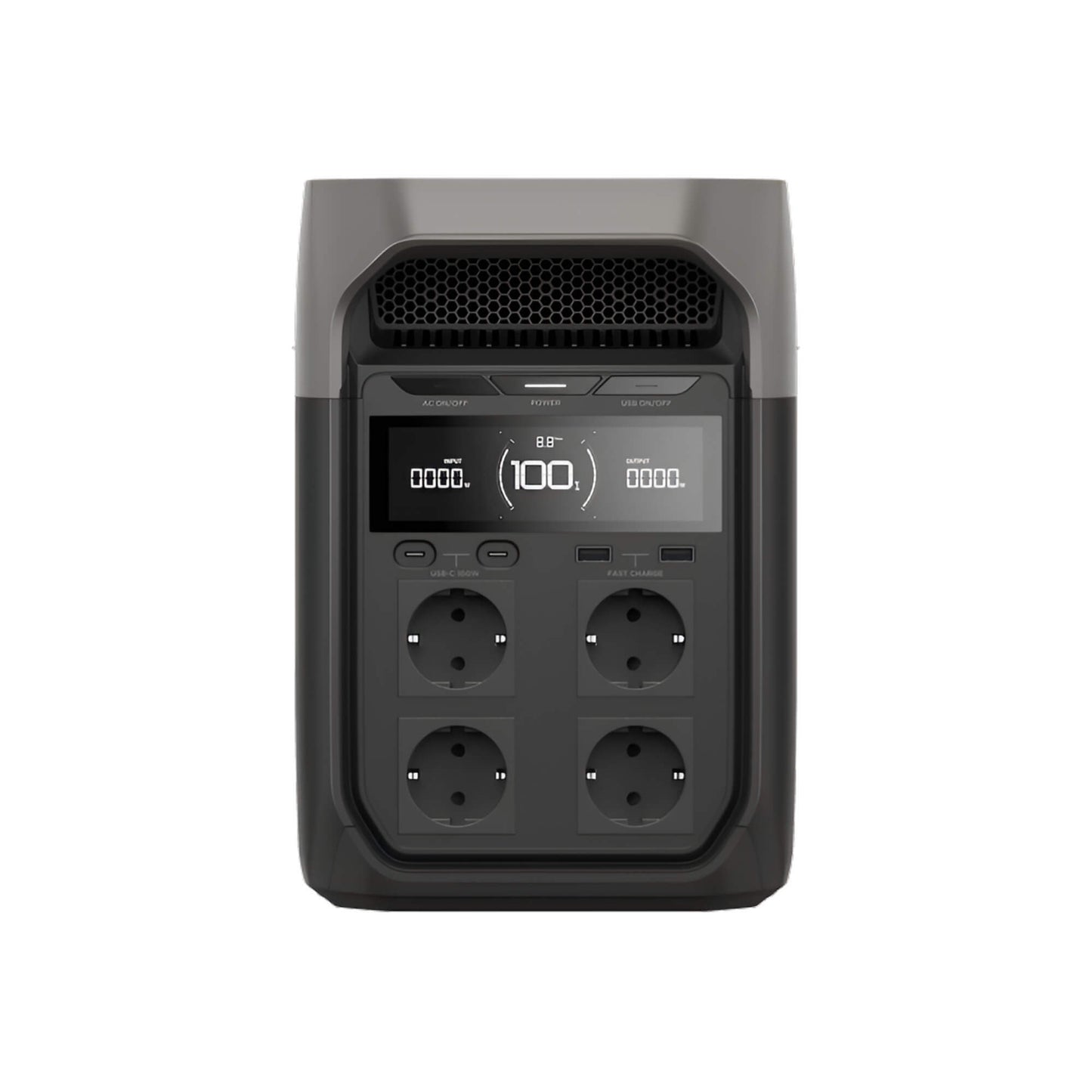 Vooraanzicht van EcoFlow Delta 3 power station met stopcontacten en display