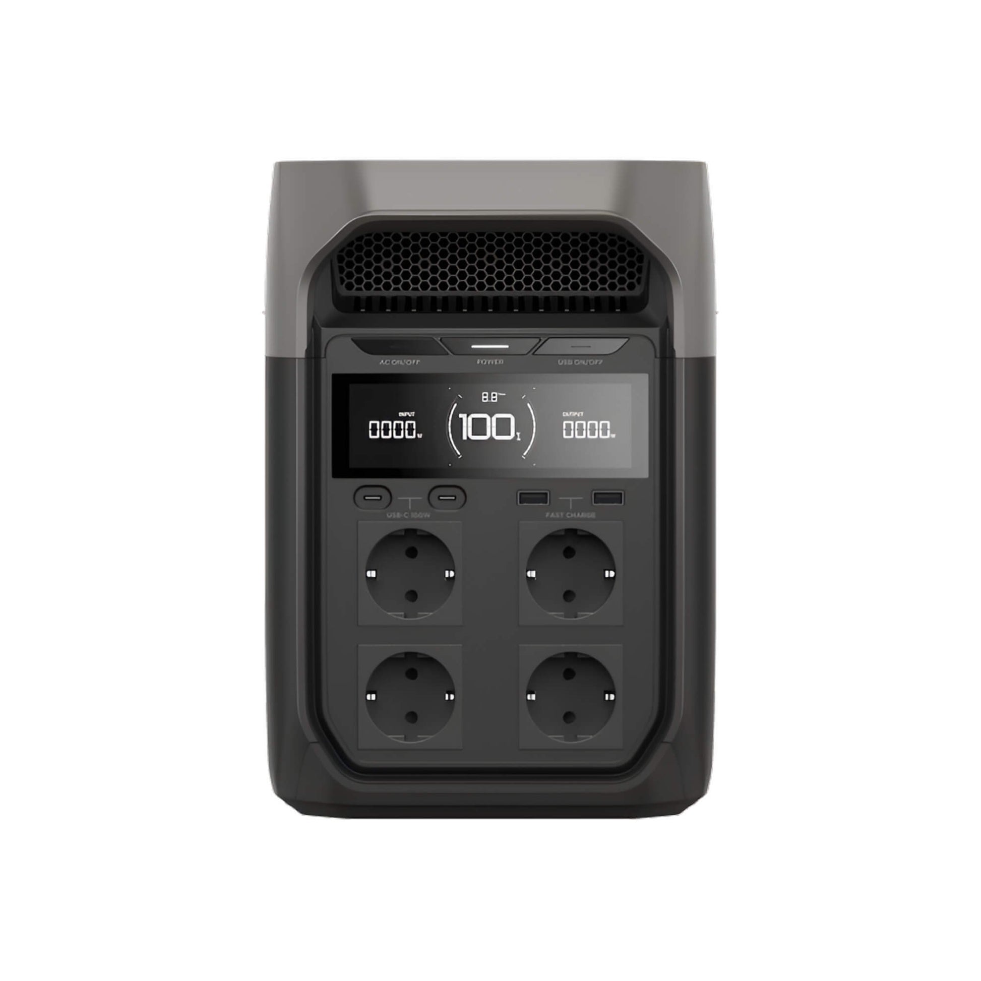 Vooraanzicht van EcoFlow Delta 3 power station met stopcontacten en display