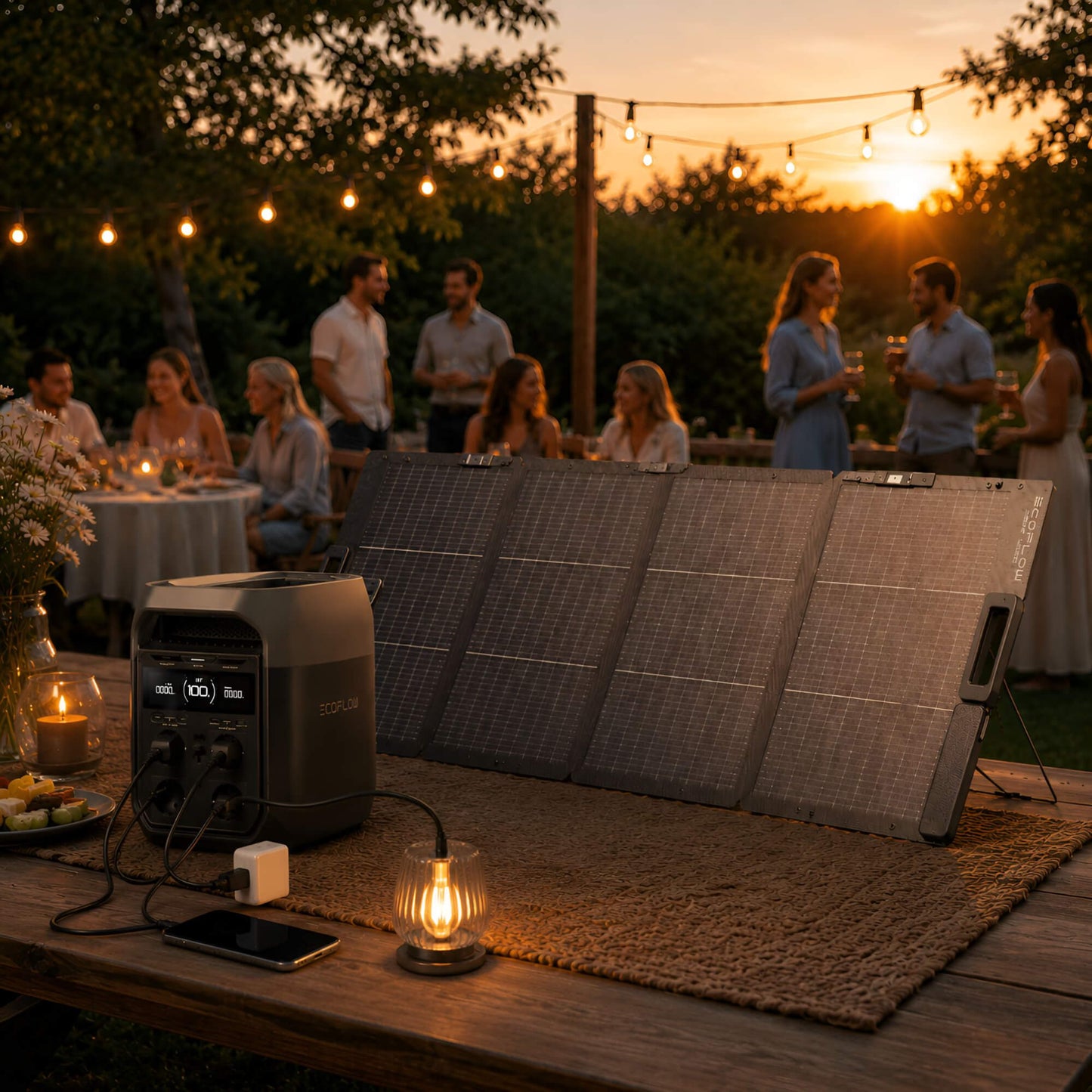 EcoFlow DELTA 3 power station met draagbaar zonnepaneel tijdens een tuinfeest bij zonsondergang met sfeerverlichting buiten