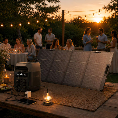 EcoFlow DELTA 3 power station met draagbaar zonnepaneel tijdens een tuinfeest bij zonsondergang met sfeerverlichting buiten