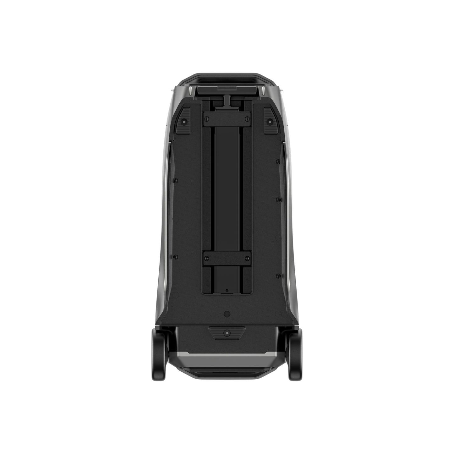 zilvergrijze EcoFlow DELTA Pro 3 draagbare batterij, achteraanzicht met handgreep en wielen op witte achtergrond