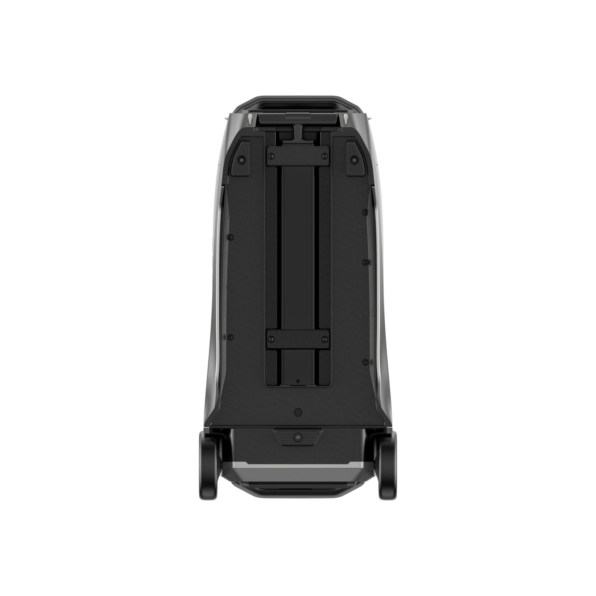 zilvergrijze EcoFlow DELTA Pro 3 draagbare batterij, achteraanzicht met handgreep en wielen op witte achtergrond