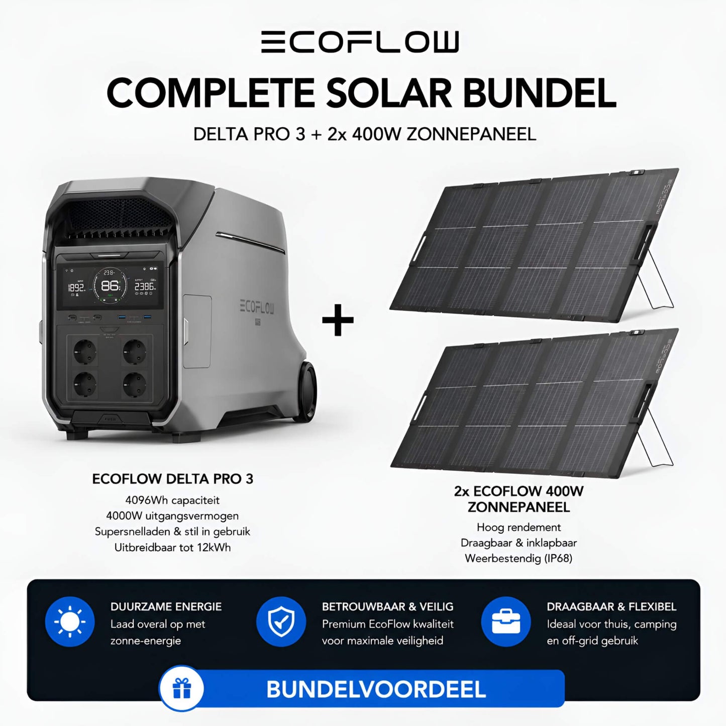 EcoFlow DELTA Pro 3 draagbare power station met twee EcoFlow 400W opvouwbare zonnepanelen op lichte achtergrond in bundelopstelling.