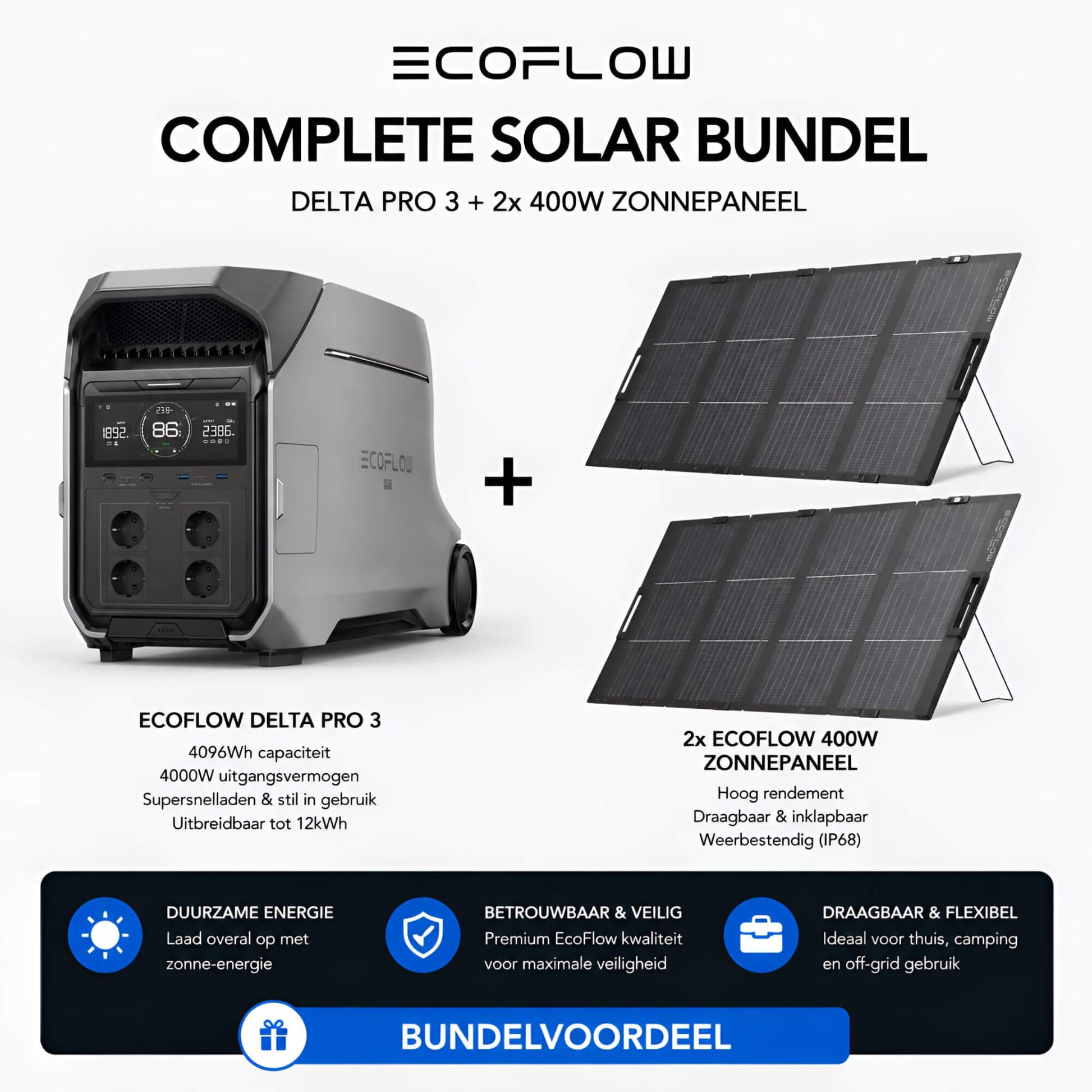 EcoFlow DELTA Pro 3 draagbare power station met twee EcoFlow 400W opvouwbare zonnepanelen op lichte achtergrond in bundelopstelling.