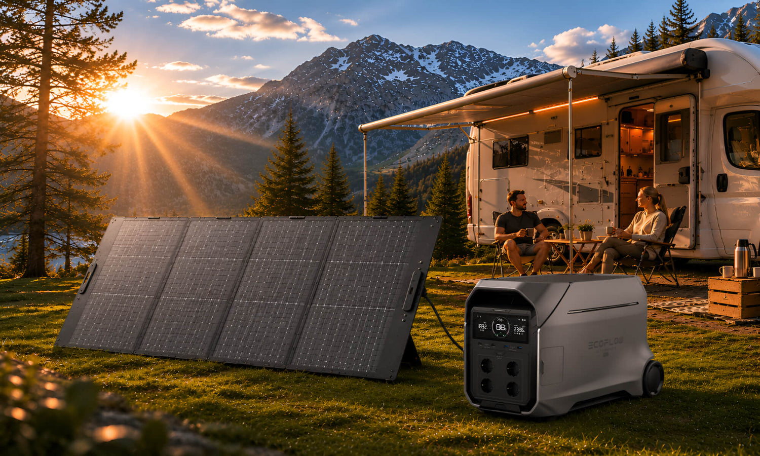 EcoFlow DELTA Pro 3 met 400W draagbaar zonnepaneel naast mobilhome in berglandschap bij zonsondergang