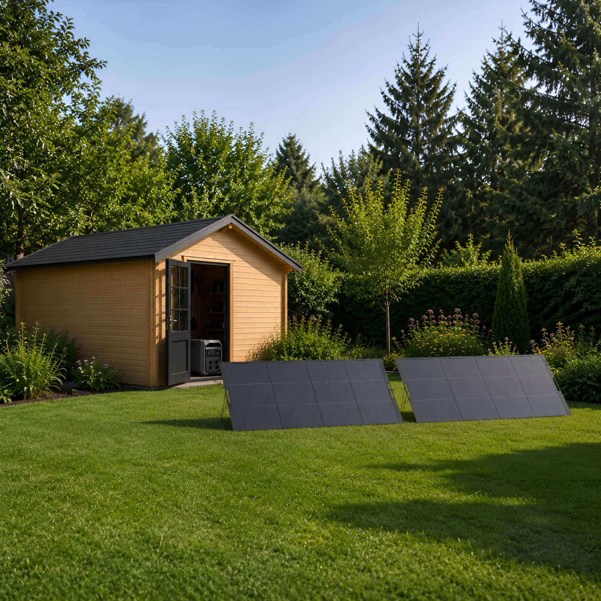 EcoFlow DELTA Pro 3 power station met twee draagbare 400W zonnepanelen in een tuin bij een houten tuinhuis