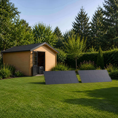 EcoFlow DELTA Pro 3 power station met twee draagbare 400W zonnepanelen in een tuin bij een houten tuinhuis
