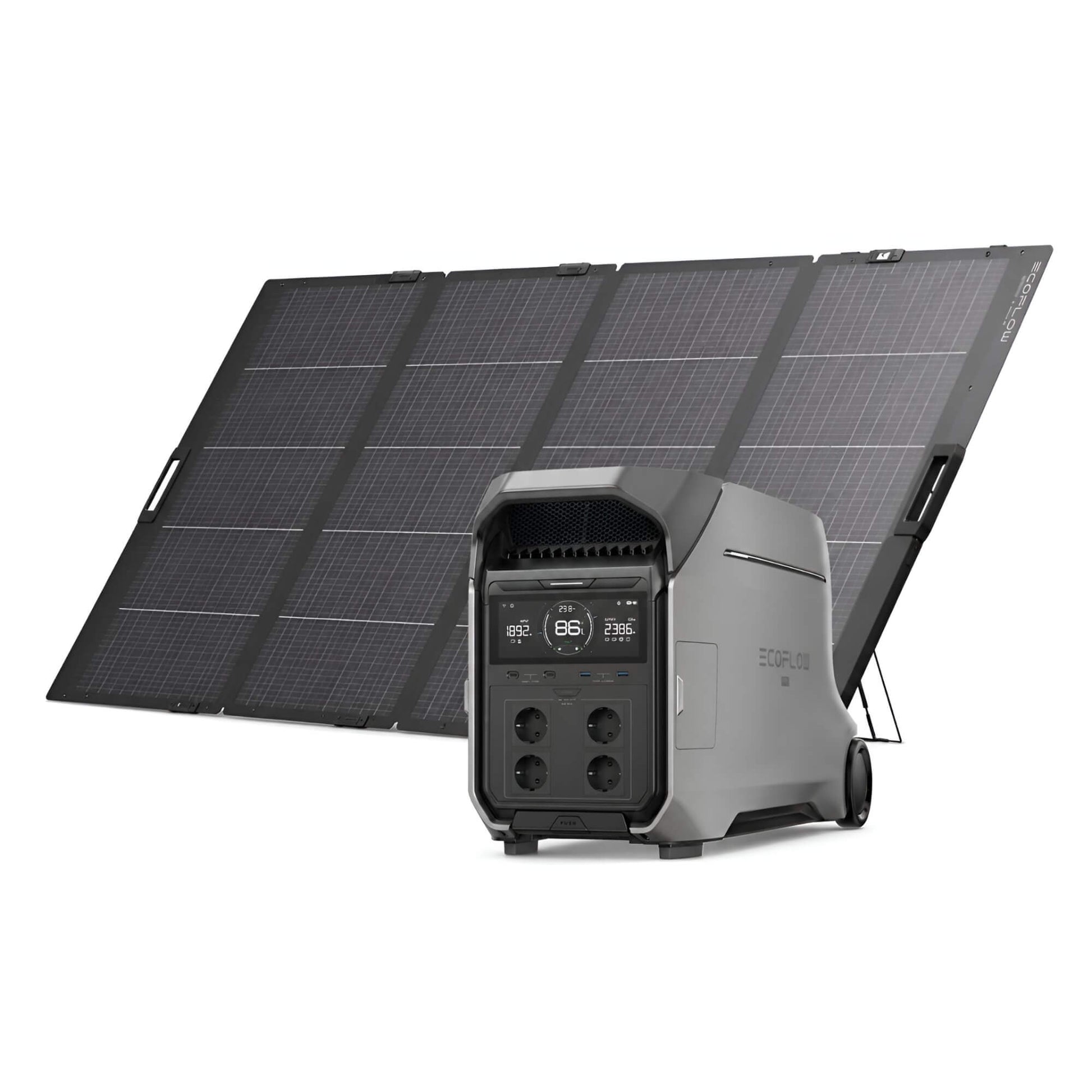 EcoFlow DELTA Pro 3 power station met draagbaar 400W zonnepaneel op witte achtergrond