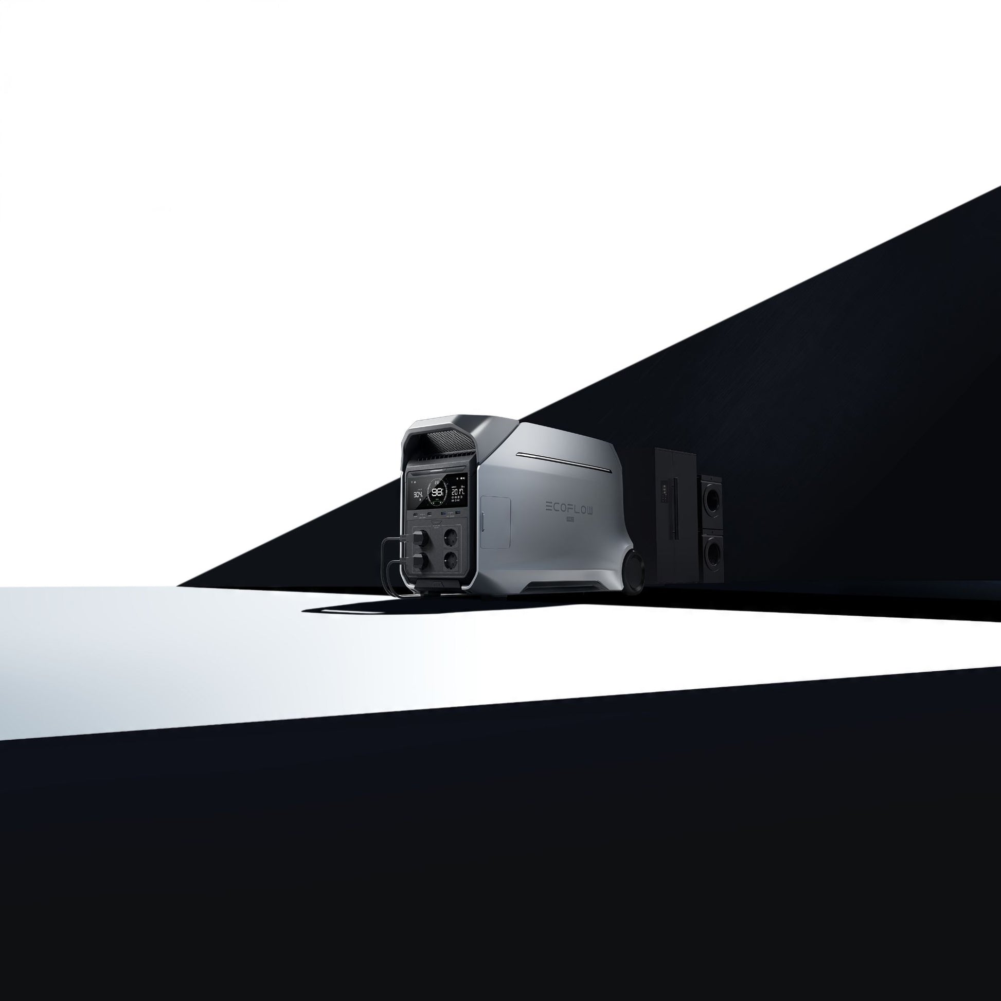 EcoFlow DELTA Pro 3 draagbare batterij op vloer met donker en licht geometrische achtergrond