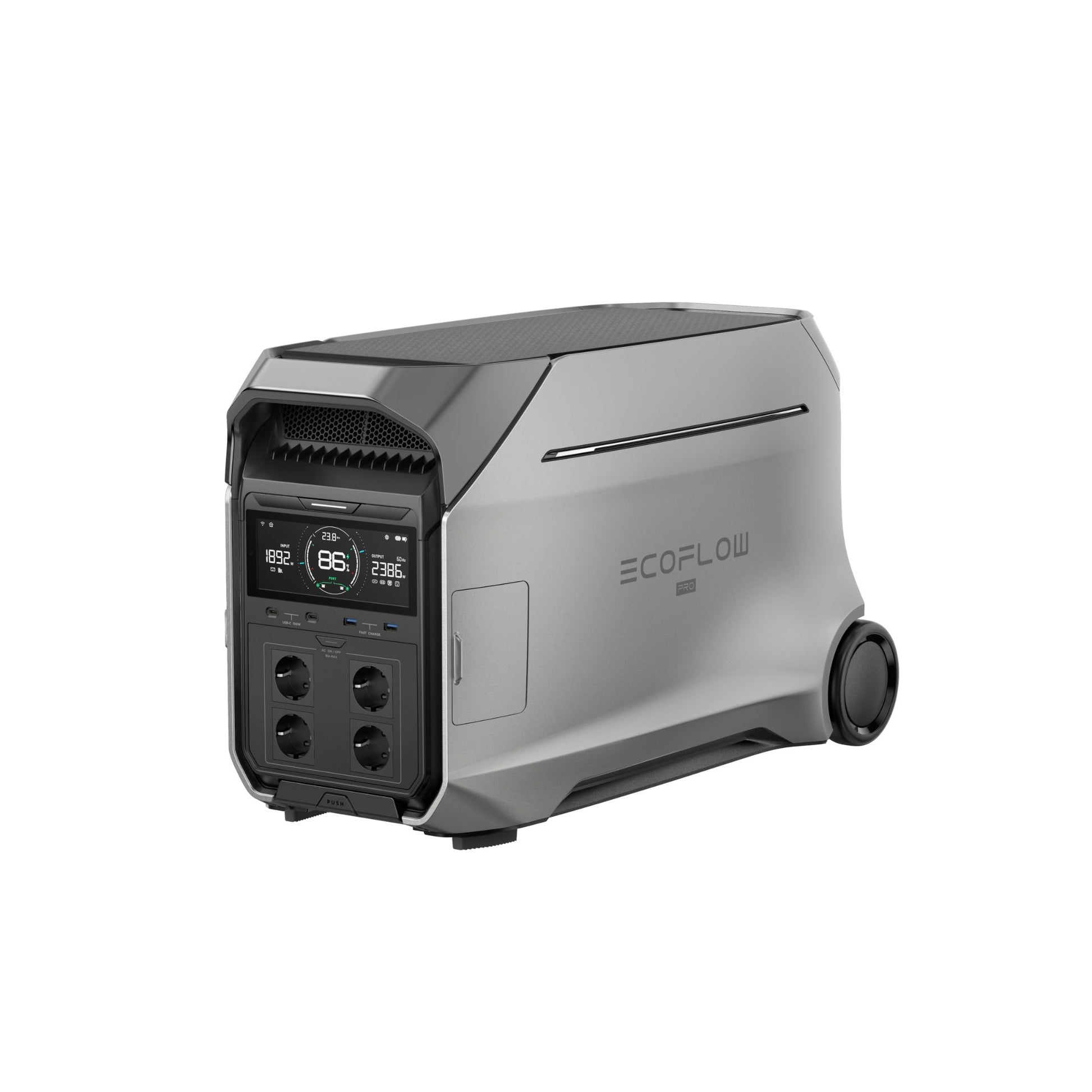 zilvergrijze EcoFlow DELTA Pro 3 draagbare batterij met display en aansluitingen, schuin vooraanzicht op witte achtergrond