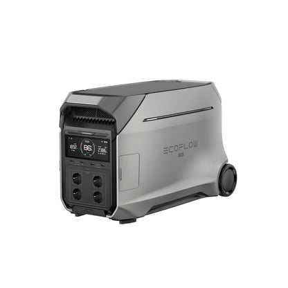 zilvergrijze EcoFlow DELTA Pro 3 draagbare batterij met display en aansluitingen, schuin vooraanzicht op witte achtergrond