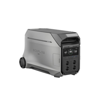 zilvergrijze EcoFlow DELTA Pro 3 draagbare batterij met display en aansluitingen, schuin vooraanzicht op witte achtergrond
