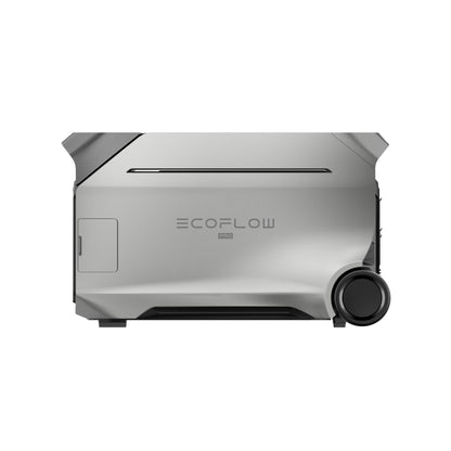 zilvergrijze EcoFlow DELTA Pro 3 draagbare batterij met wielen, zijaanzicht op witte achtergrond