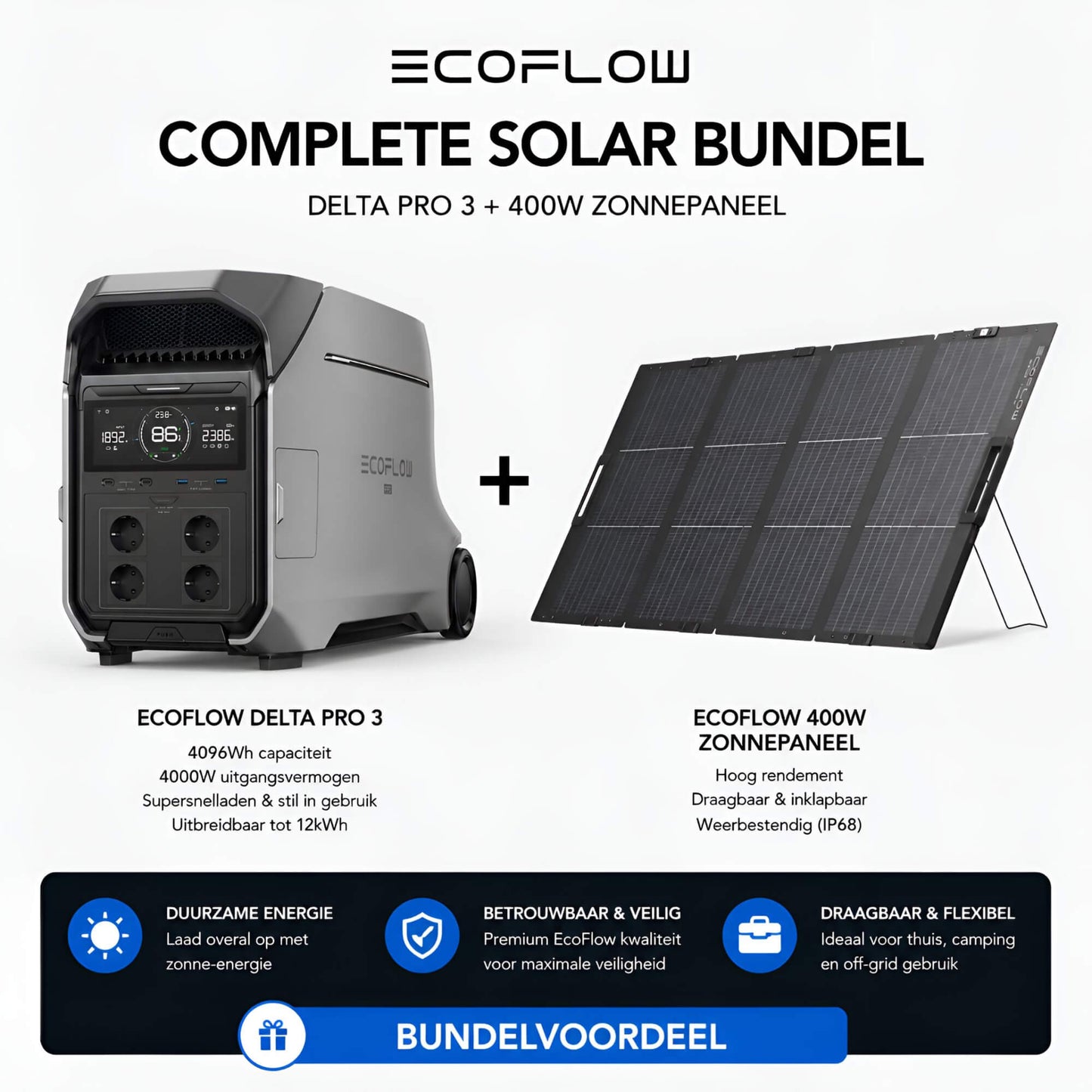 EcoFlow DELTA Pro 3 draagbare power station met EcoFlow 400W opvouwbaar zonnepaneel op lichte achtergrond in bundelopstelling.