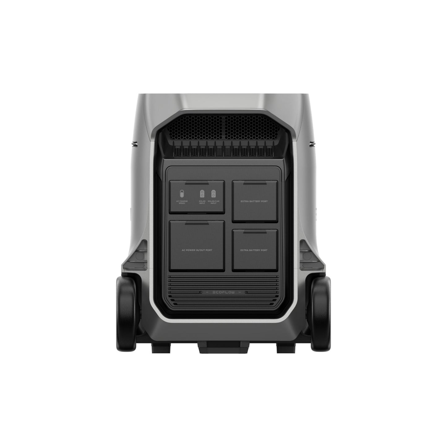 zilvergrijze EcoFlow DELTA Pro 3 draagbare batterij met aansluitingen en poorten, achteraanzicht op witte achtergrond