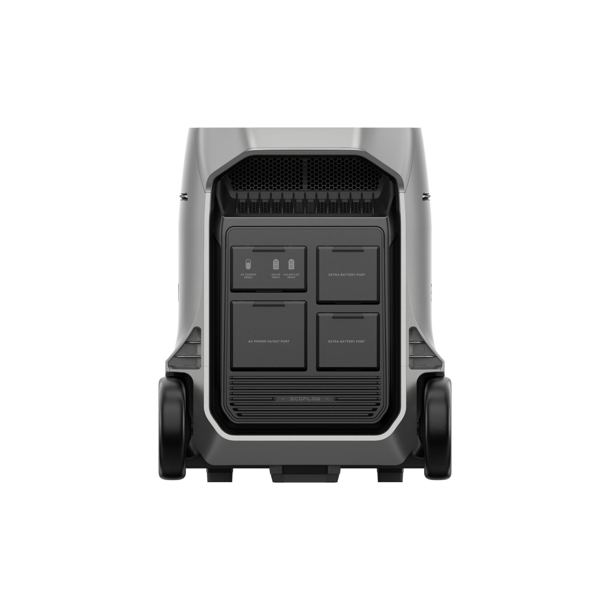 zilvergrijze EcoFlow DELTA Pro 3 draagbare batterij met aansluitingen en poorten, achteraanzicht op witte achtergrond