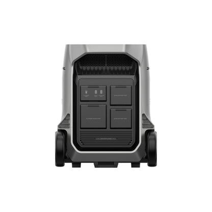 zilvergrijze EcoFlow DELTA Pro 3 draagbare batterij met aansluitingen en poorten, achteraanzicht op witte achtergrond