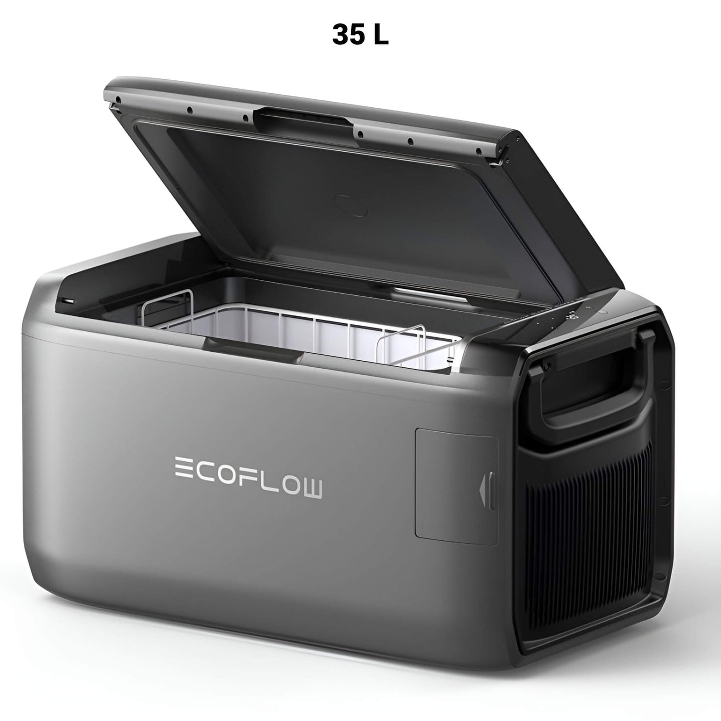 EcoFlow GLACIER Classic draagbare koelbox 35 liter met geopend deksel en zichtbaar koelcompartiment, schuin vooraanzicht op witte achtergrond