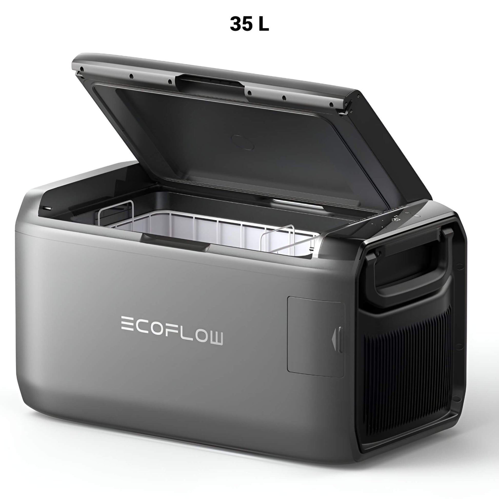 EcoFlow GLACIER Classic draagbare koelbox 35 liter met geopend deksel en zichtbaar koelcompartiment, schuin vooraanzicht op witte achtergrond