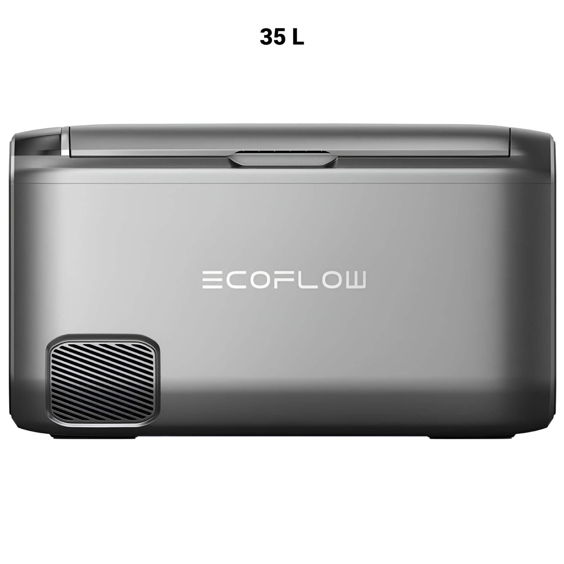 EcoFlow GLACIER Classic draagbare koelbox 35 liter in zilverkleurig ontwerp met ventilatierooster aan de achterkant, op witte achtergrond