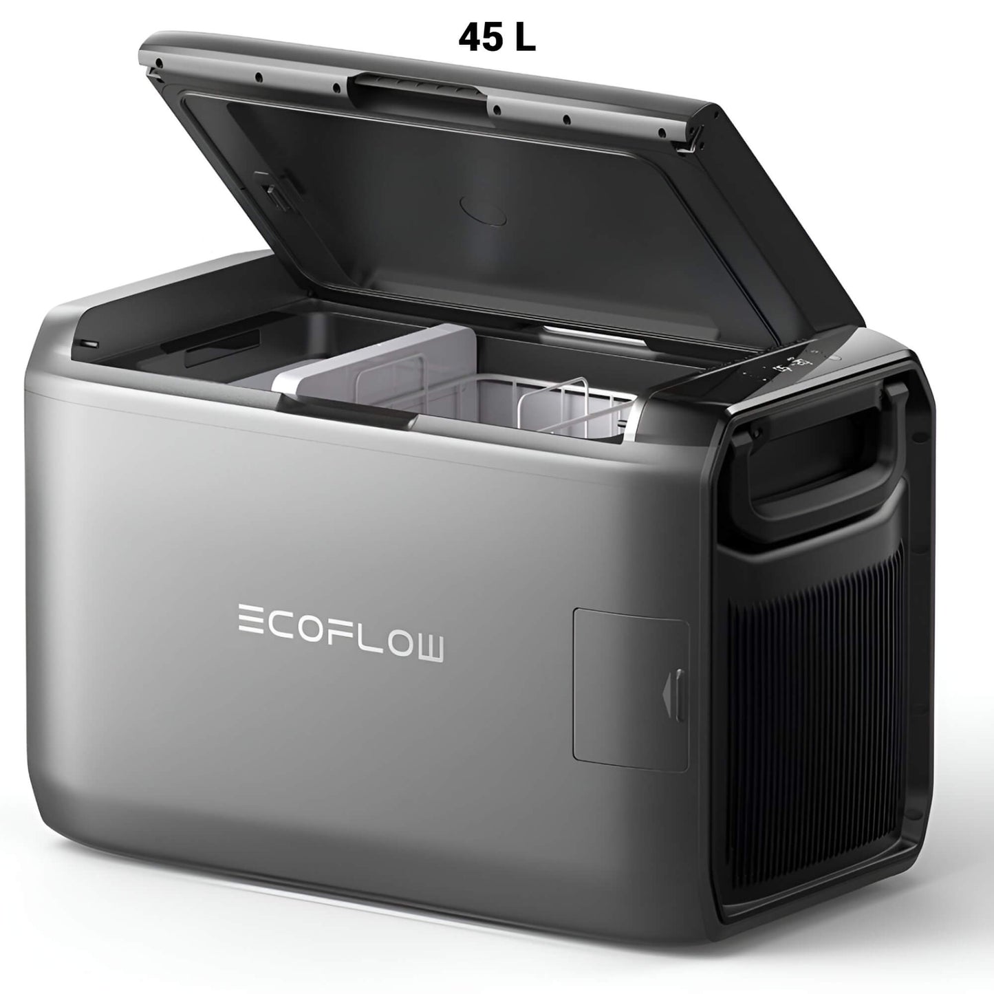 EcoFlow GLACIER Classic draagbare koelbox 45 liter met geopend deksel en zichtbaar koelcompartiment, schuin vooraanzicht op witte achtergrond