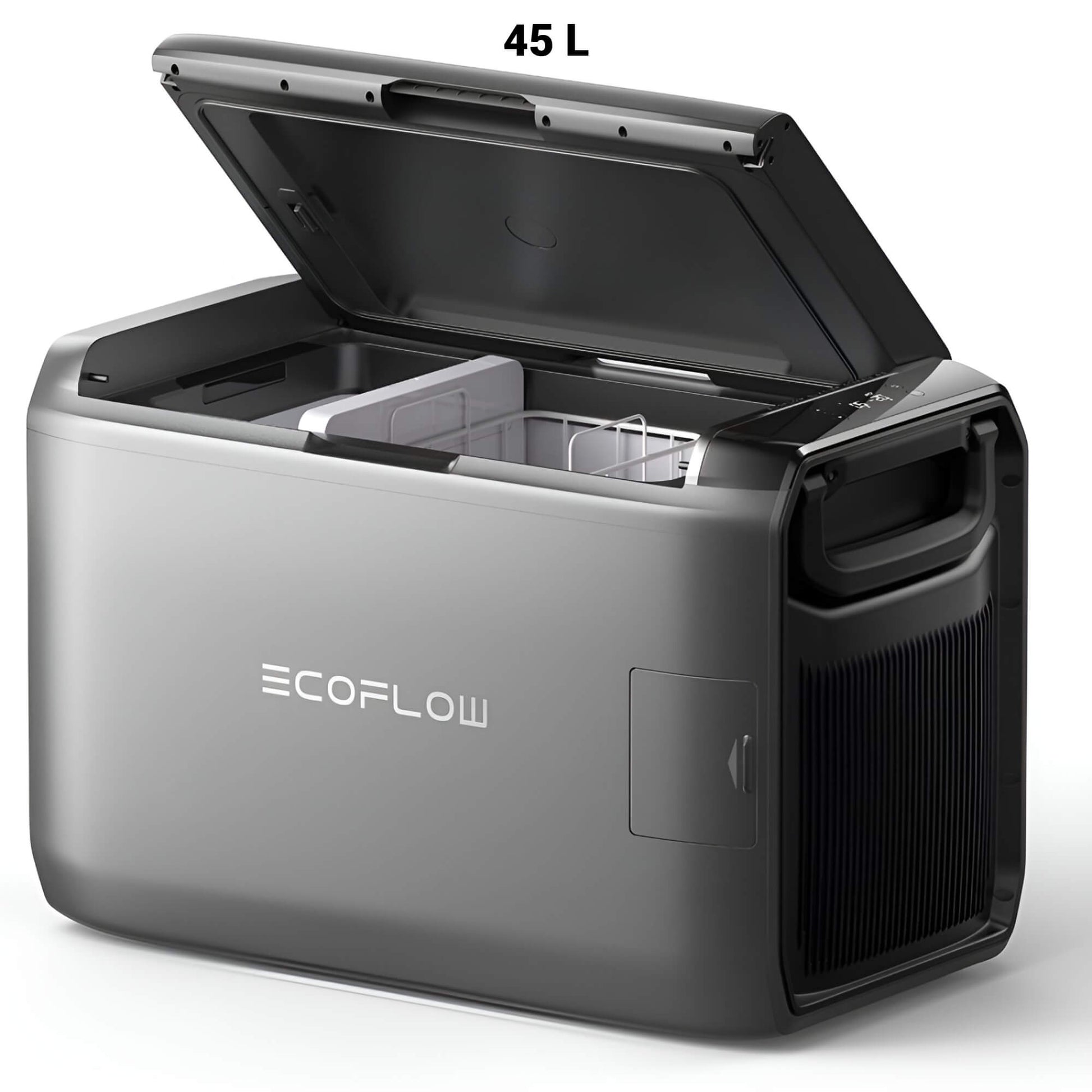EcoFlow GLACIER Classic draagbare koelbox 45 liter met geopend deksel en zichtbaar koelcompartiment, schuin vooraanzicht op witte achtergrond
