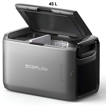 EcoFlow GLACIER Classic draagbare koelbox 45 liter met geopend deksel en zichtbaar koelcompartiment, schuin vooraanzicht op witte achtergrond