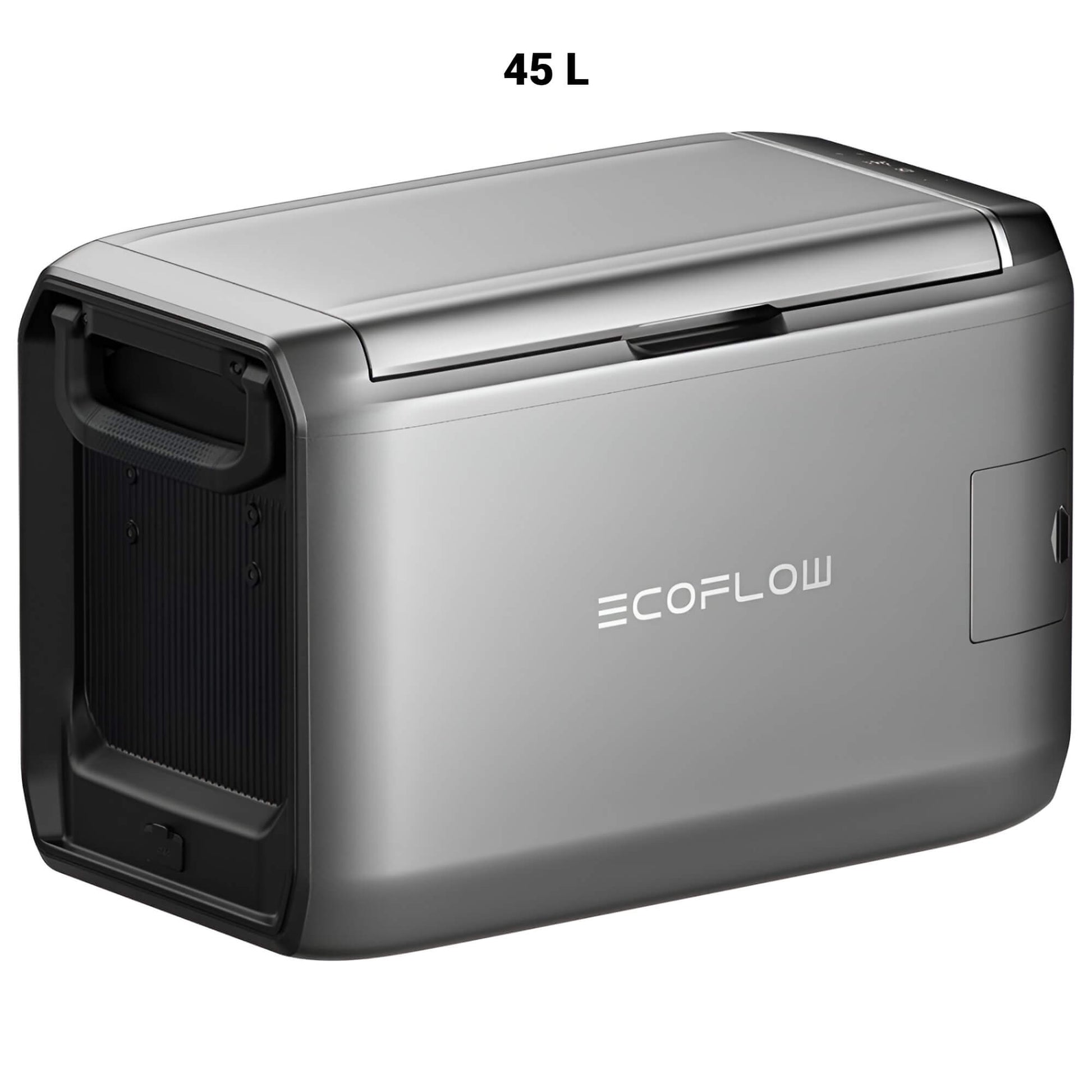 EcoFlow GLACIER Classic draagbare koelbox 45 liter in zilverkleurig ontwerp, schuin vooraanzicht op witte achtergrond