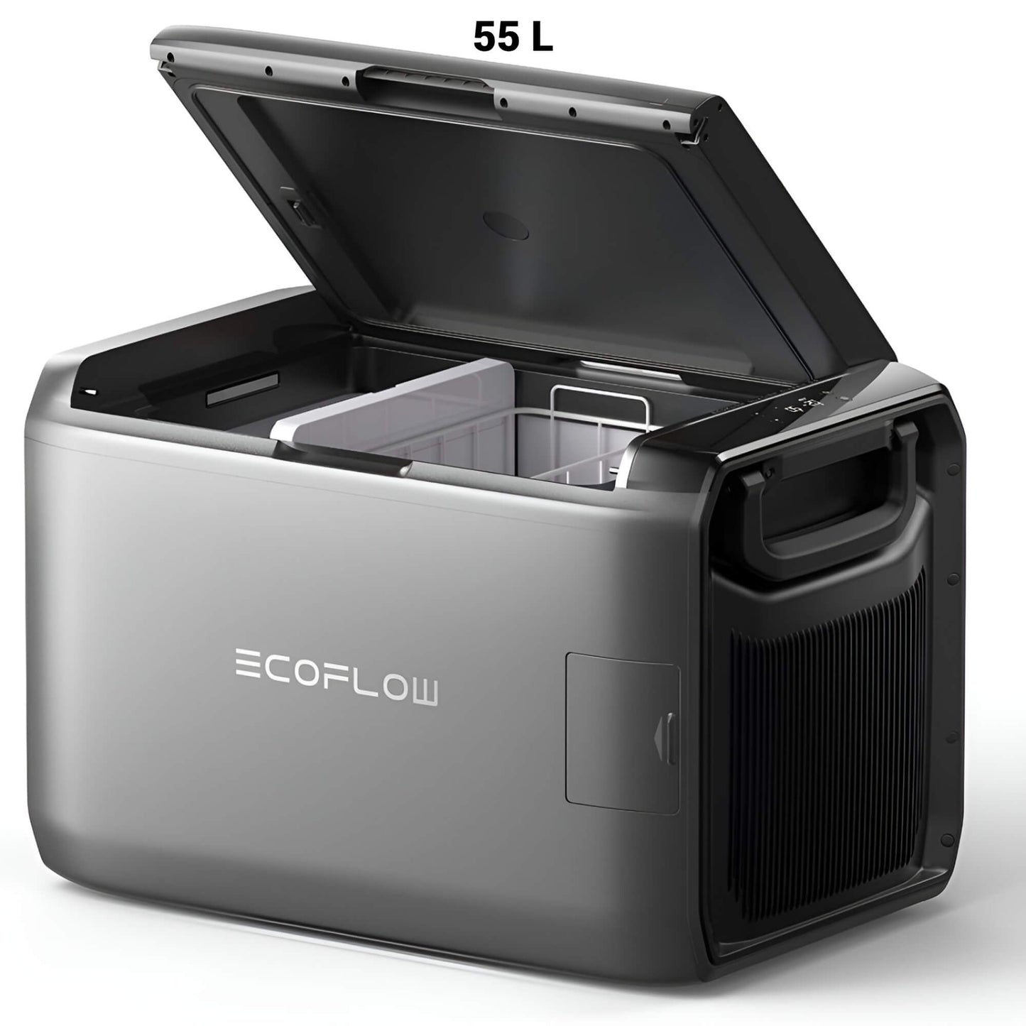 EcoFlow GLACIER Classic draagbare koelbox 55 liter met geopend deksel en zichtbaar koelcompartiment, schuin vooraanzicht op witte achtergrond