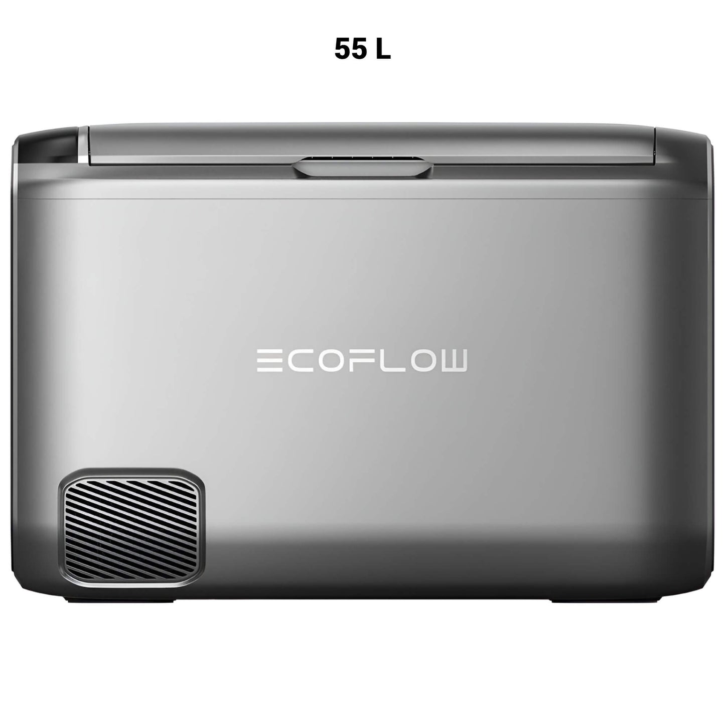 EcoFlow GLACIER Classic draagbare koelbox 55 liter in zilverkleurig ontwerp met ventilatierooster aan de achterkant, op witte achtergrond