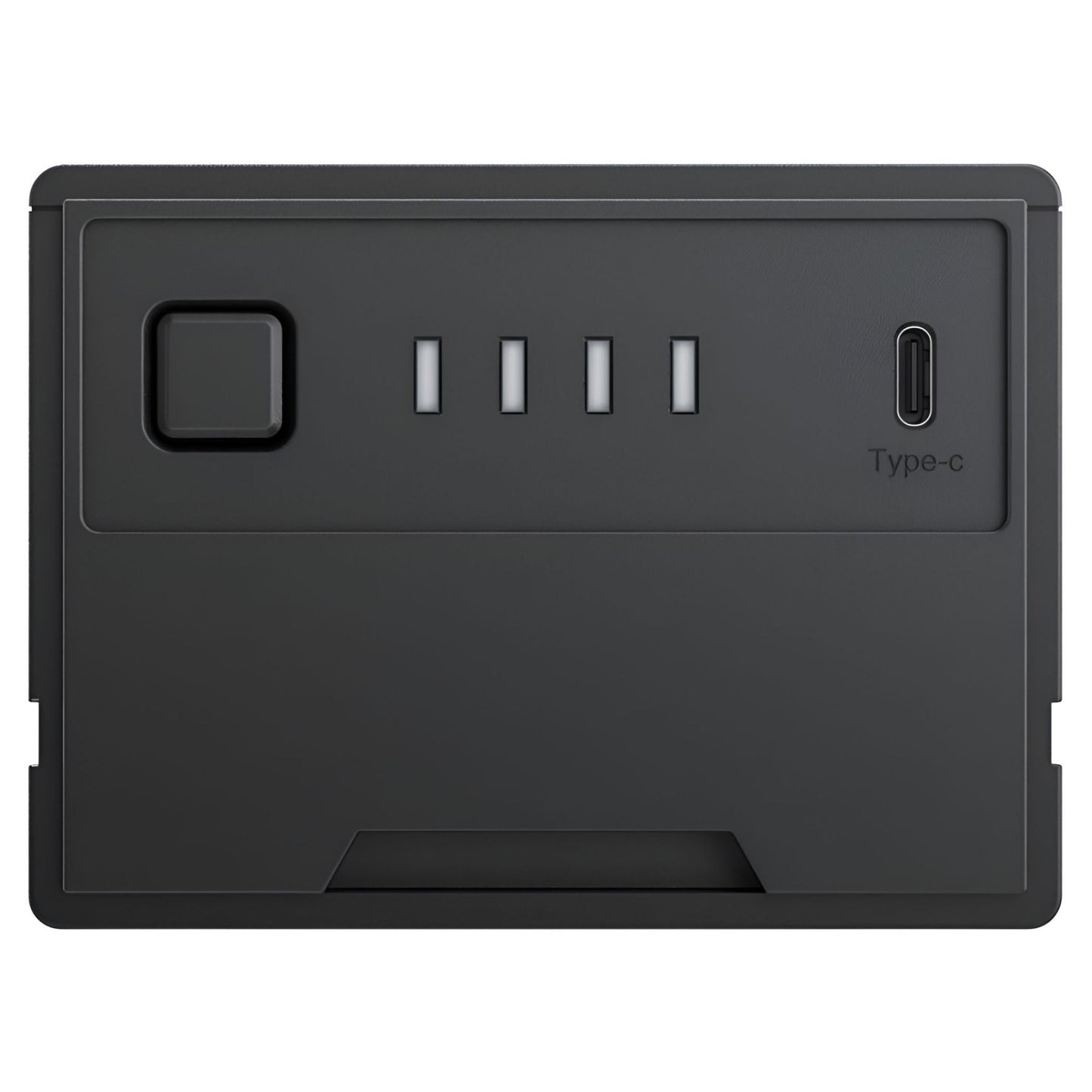 Detailweergave van de EcoFlow GLACIER plug-in accu met aan-uitknop, batterij-indicator en USB-C aansluiting op witte achtergrond