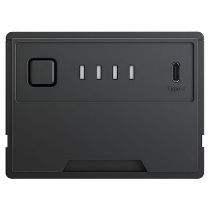 Detailweergave van de EcoFlow GLACIER plug-in accu met aan-uitknop, batterij-indicator en USB-C aansluiting op witte achtergrond