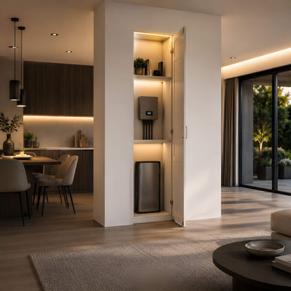 EcoFlow STREAM Pro hybride thuisbatterij geïntegreerd in moderne wandkast in stijlvol interieur met woonkamer en keuken op de achtergrond