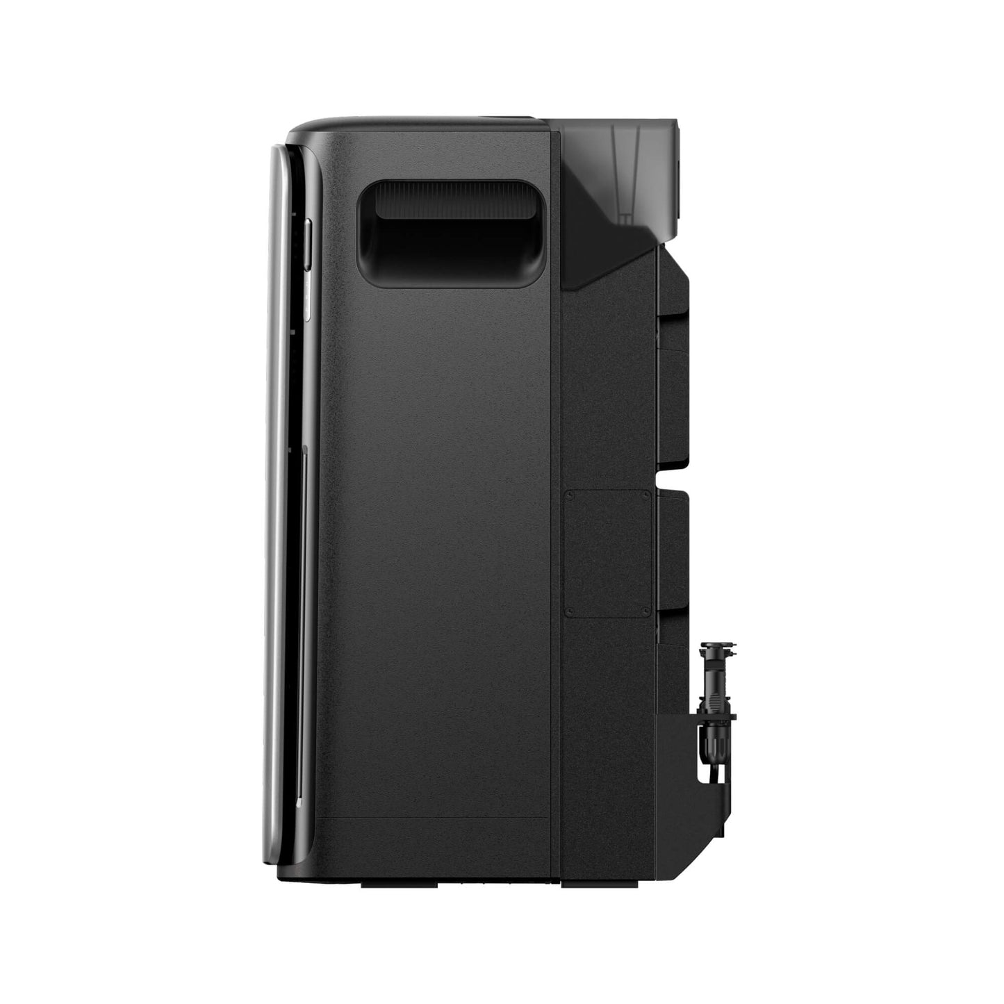 Zijaanzicht van de EcoFlow STREAM Pro hybride thuisbatterij in zwart op witte achtergrond