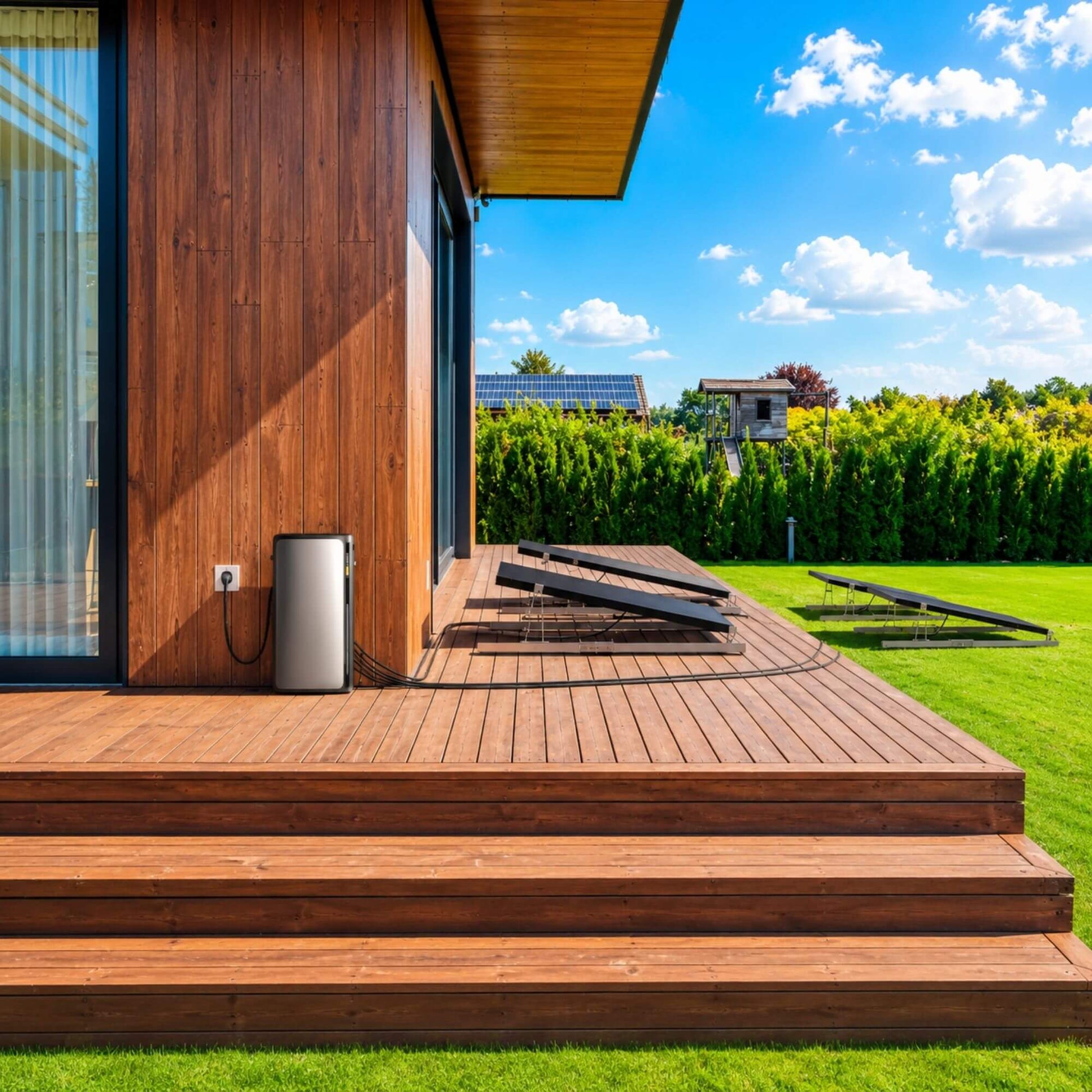 EcoFlow STREAM Ultra thuisbatterij geplaatst op een terras bij een woning met zonnepanelen