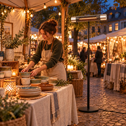 Zilveren Herschel CALIFORNIA 2000 W infrarood terrasverwarmer bij een ambachtsmarkt in de avond