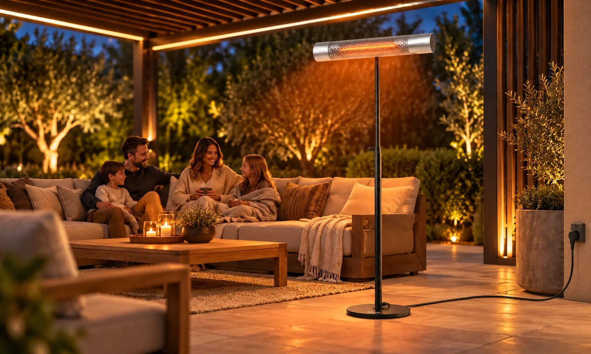 Zilveren Herschel CALIFORNIA 2000 W infrarood terrasverwarmer bij een gezin onder een pergola in de avond