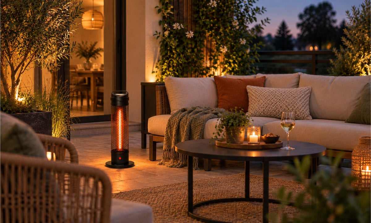 Zwarte Herschel HAVANA 800 W terrasverwarmer bij een loungeset op het terras