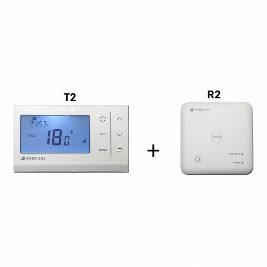 Witte Herschel iQ T2 thermostaat met R2-ontvanger op witte achtergrond