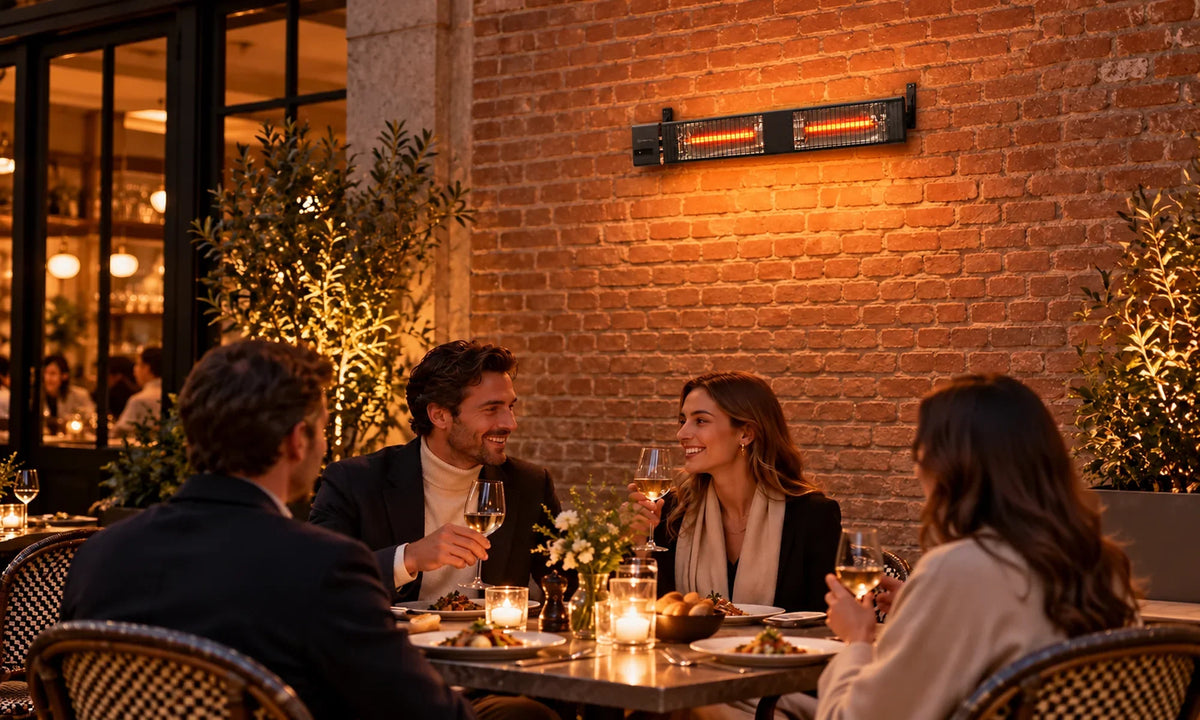 Zwarte MANHATTAN 3000 W boven een restaurantterras bij avond