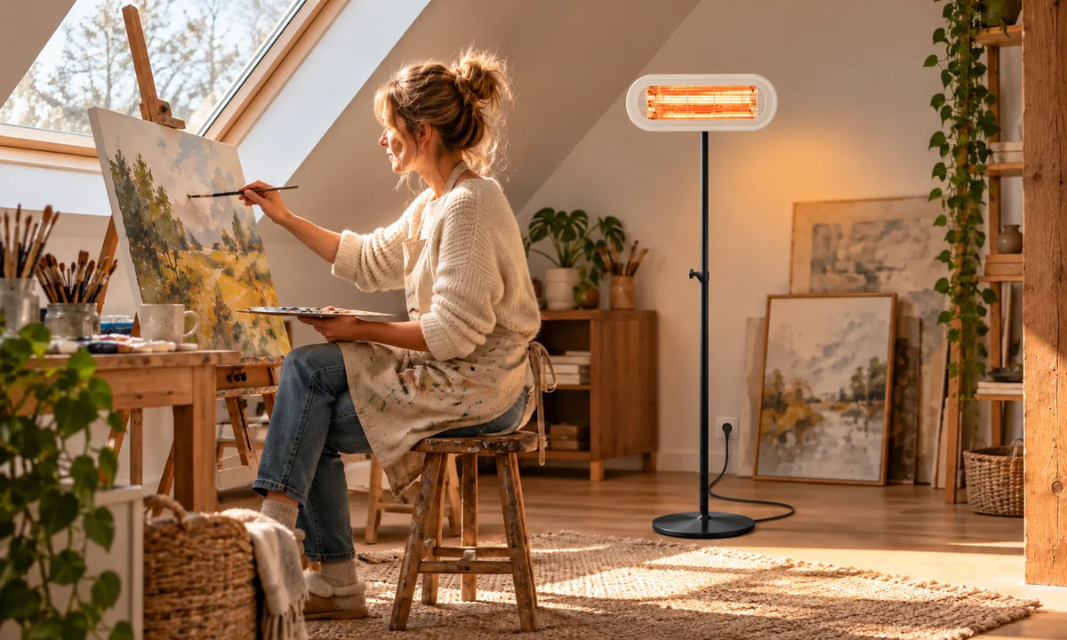 Witte Herschel MIAMI 2000 W op zwarte standaard met voedingskabel naar stopcontact in een zolderatelier